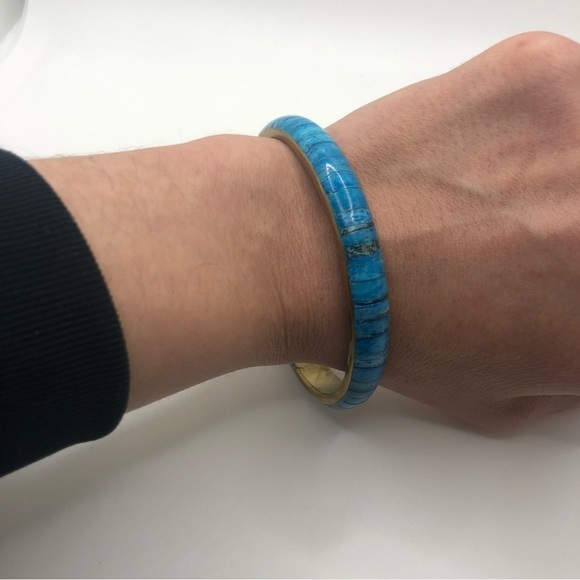 Vtg Turquoise Blue Dyed Bone Inlay Inlaid Brass Bangle 8” / 2.6” Diameter - Picture 3 of 5